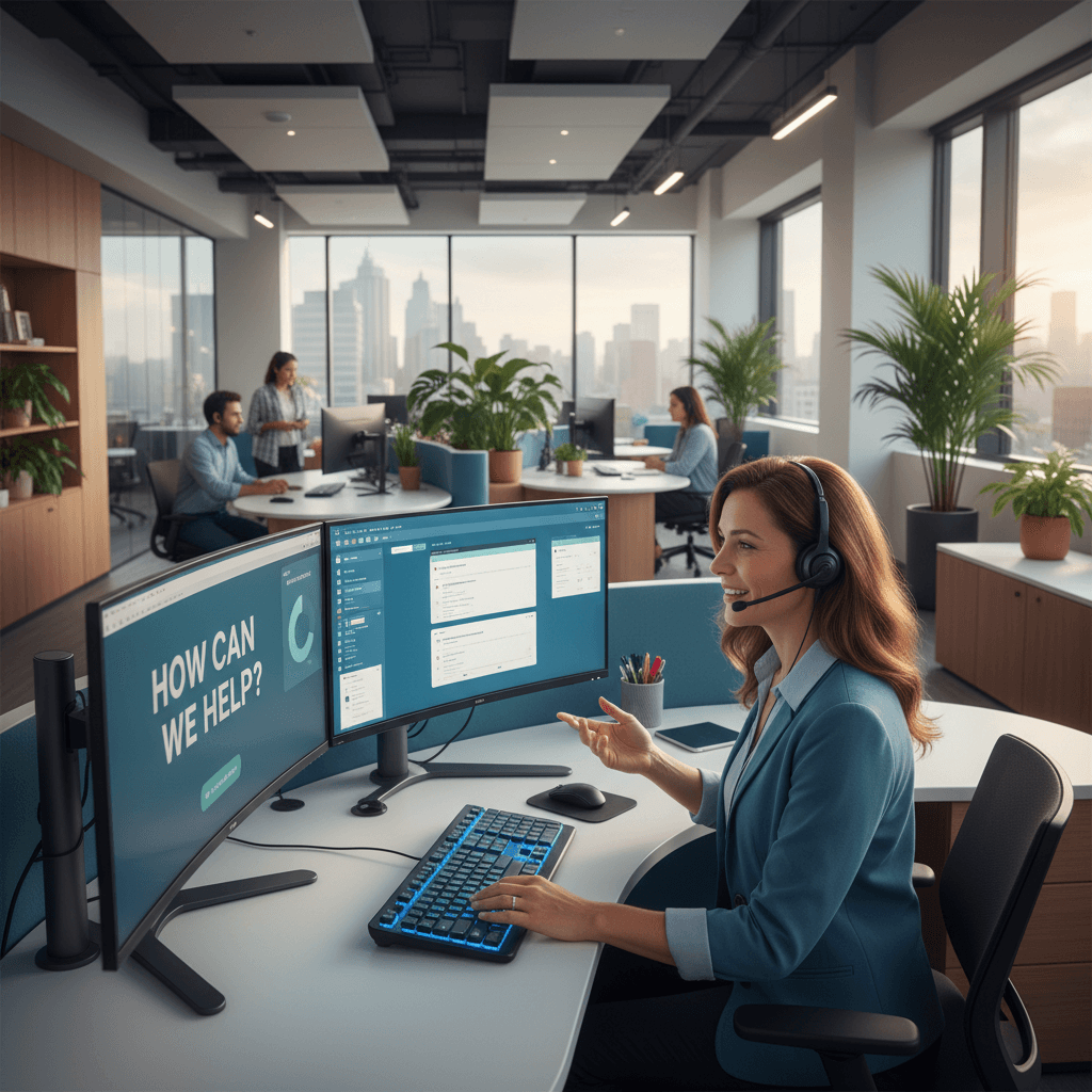 Support professional answering a call at a help desk