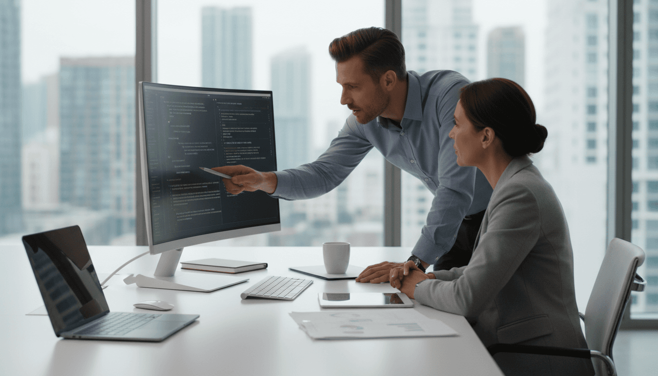 IT professional providing technical support helping business customer at modern office desk