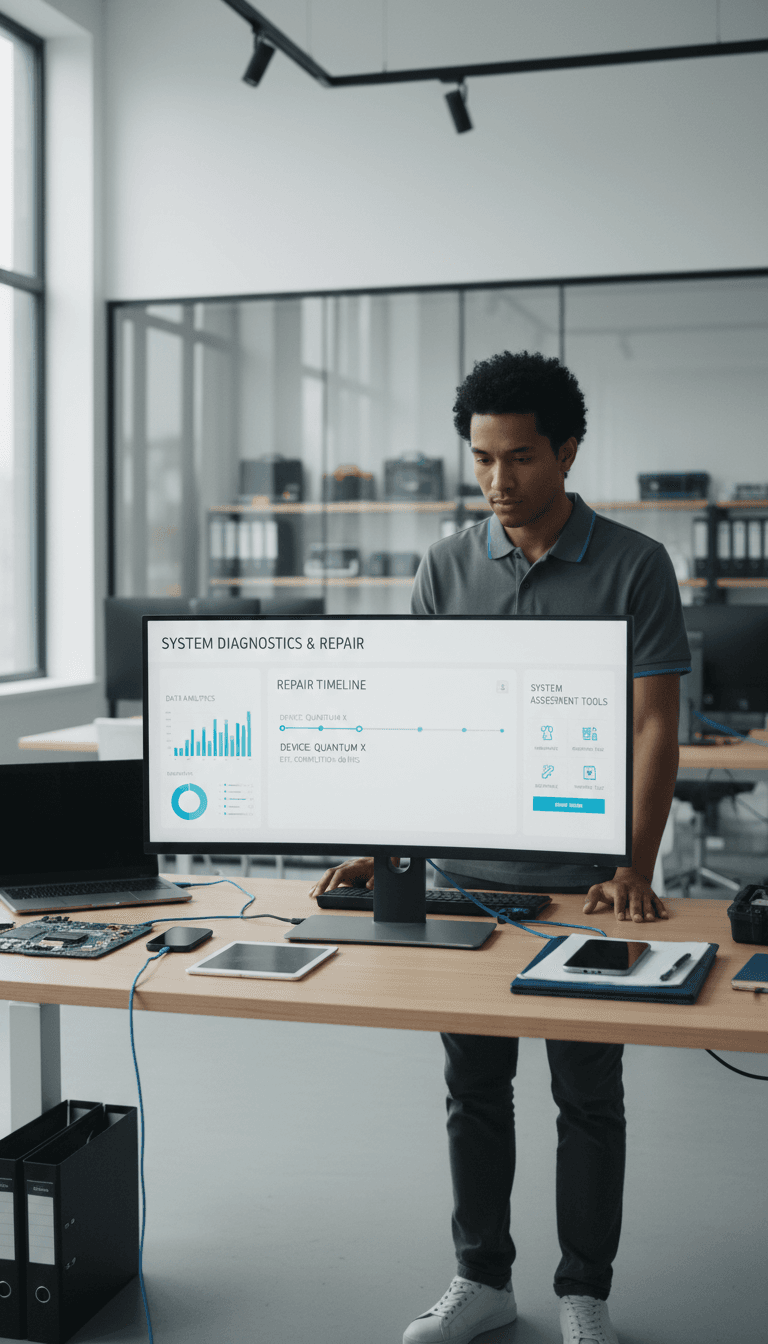IT professional working on a laptop with diagnostic software